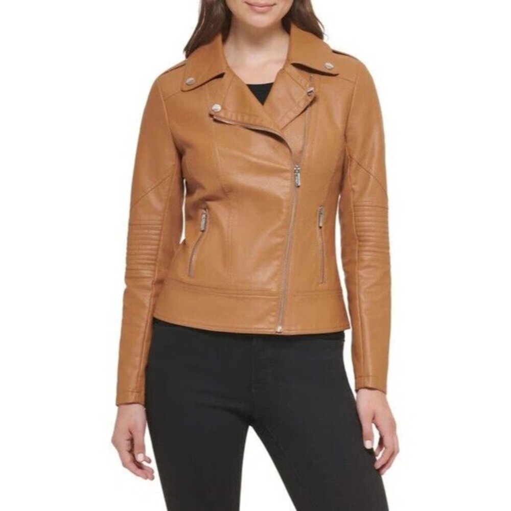 Guess Women's Cinnamon Asymmetric Faux Leather Zipper Moto Jacket Size L NWT